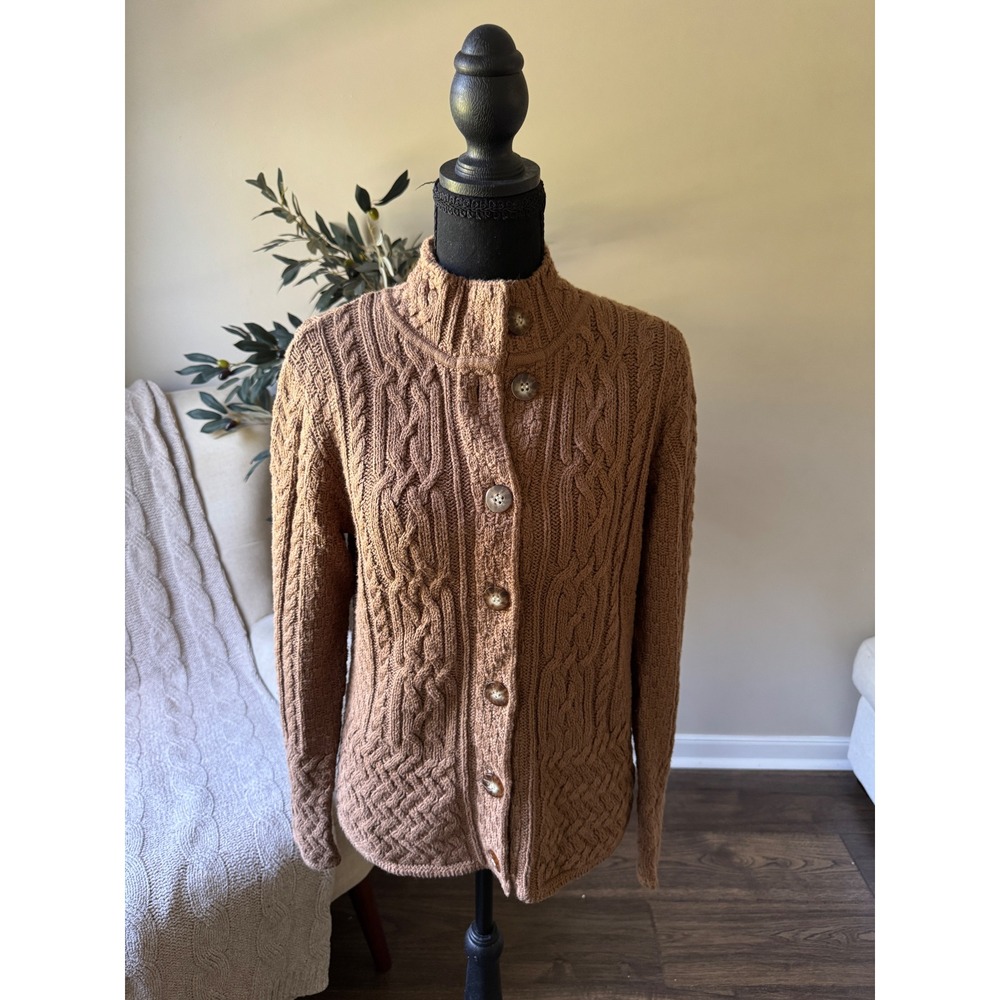 Talbots Brown Cable Knit Cardigan Sweater Mock Neck Button Front Cotton Blend S